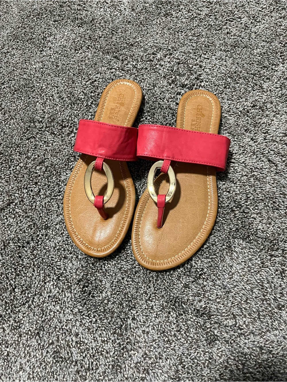 Red Leather Ring-Detail Slide Sandals